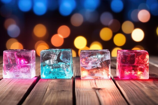 Des cubes de glace fondant sur une table en bois avec un fond bokeh coloré