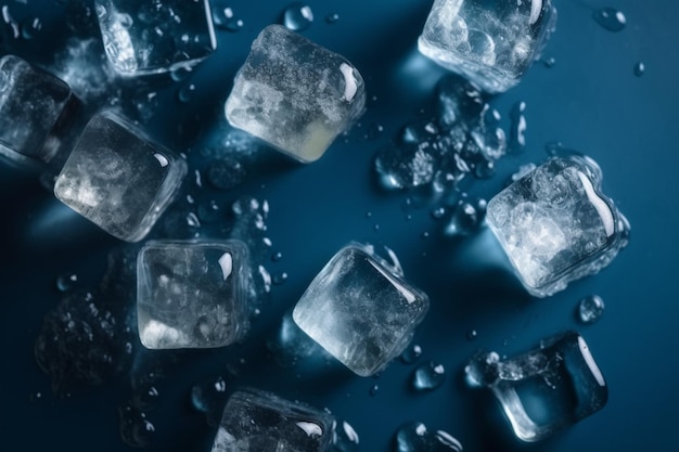 Cubes de glace avec des gouttes d'eau éparpillées sur une vue de dessus de fond bleu