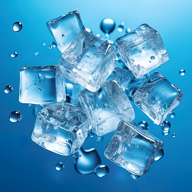 Des cubes de glace avec des gouttes d'eau sur un fond bleu