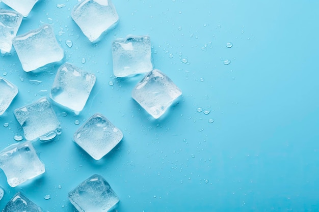 Les cubes de glace et les gouttes sont isolés sur fond bleu avec un espace vide