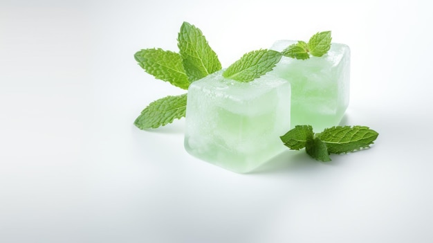 cubes de glace avec de la menthe sur fond blanc