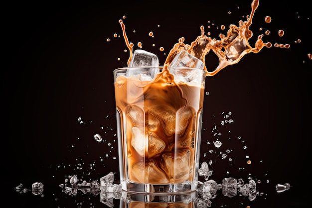 Des cubes de glace tombant dans un verre de café glacé faisant un éclaboussure sur un fond noir