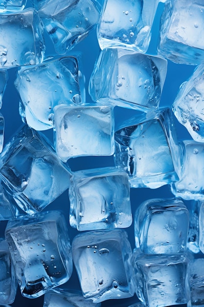 Des cubes de glace verticaux, un motif d'arrière-plan de cubes de glacés cristallins, une IA générative, un tas abstrait de blocs de glace transparents en gros plan, un concept de papier peint pour boissons froides dans le réfrigérateur.