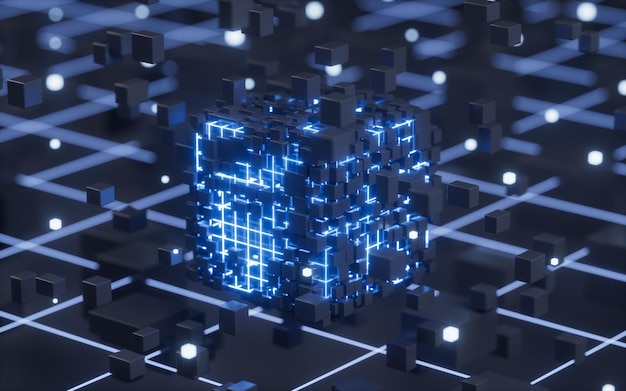 Cubes et lignes lumineux abstraits circuits et matériaux rendu 3d