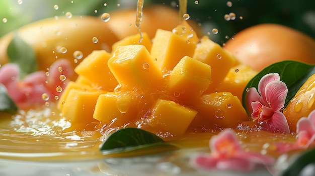 Photo des cubes de mangue fraîchement coupés sur une assiette avec un fond de fruits juteux