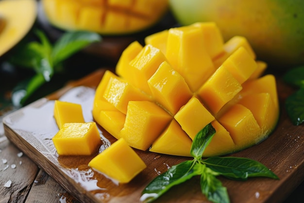 Des cubes de mangue fraîchement hachés sur une planche à couper en bois