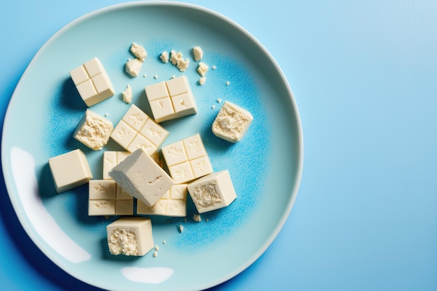 Cubes et morceaux de tofu mignon sur un plat bleu sur fond blanc