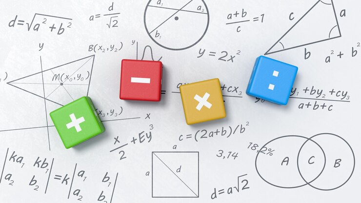 Cubes d'opérateurs mathématiques sur tableau blanc avec formules, graphiques et symboles