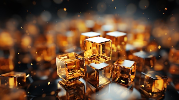 Des cubes d'or 3D flottant sur un fond sombre Généré par Business Technology Background ai