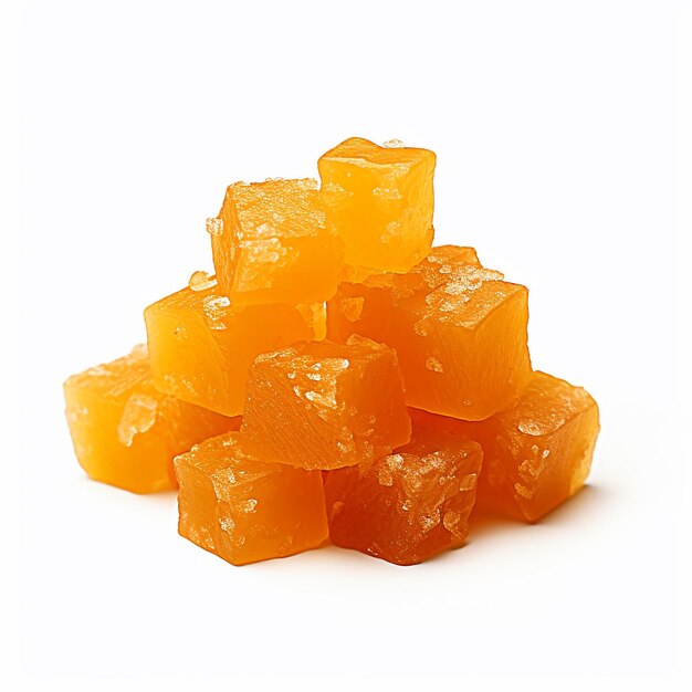 Cubes d'orange confits sur fond blanc