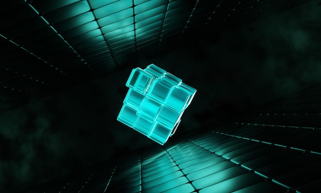 Cubes de rendu 3d avec bleu brillant sur fond sombre