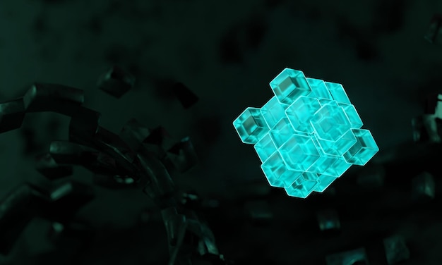 Cubes de rendu 3d avec bleu brillant sur fond sombre
