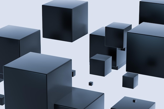 Cubes sombres distribués au hasard dans le rendu 3d de l'air
