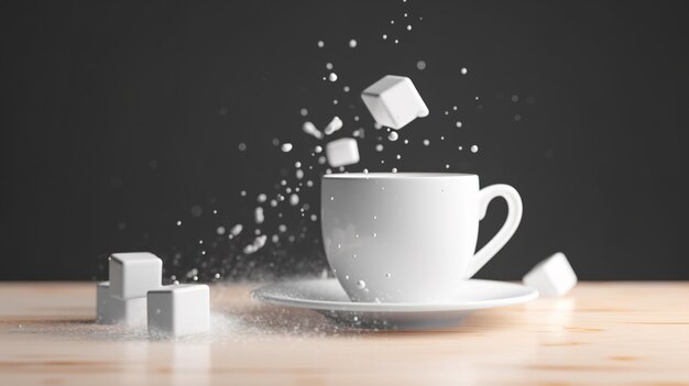 Des cubes de sucre et une tasse de thé tombent dans une tasse blanche.