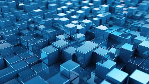 Cubes de taille différente en verre bleu fond abstrait IA générative
