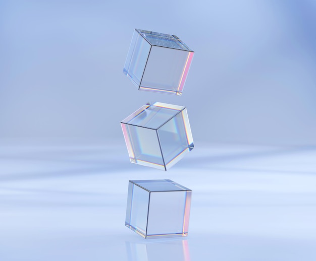 Cubes en verre ou en plastique de rendu 3d volant sous différents angles sur fond de texture bleue