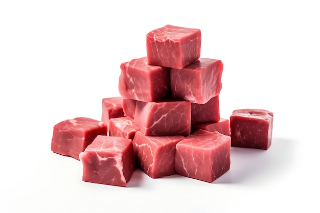 Des cubes de viande bovine crue isolés sur fond blanc