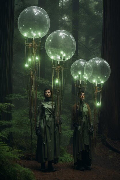 Photo cubo verde une rencontre enchanteuse avec des femmes géantes dans la forêt lumineuse des séquoies