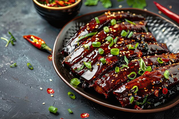 Photo cucumber de mer plat chinois holothurian peau séchée comme apéritif froid avec sauce épicée