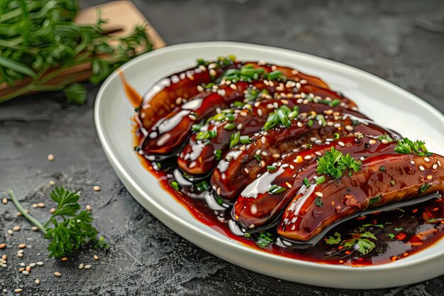 Photo cucumber de mer plat chinois holothurian peau séchée comme apéritif froid avec sauce épicée