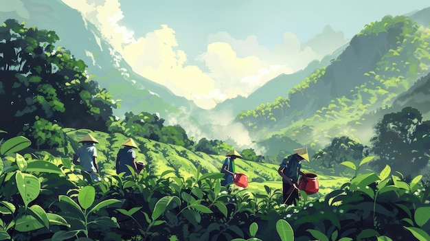 La cueillette de feuilles de thé dans une plantation de thé Concept de la Journée mondiale du thé
