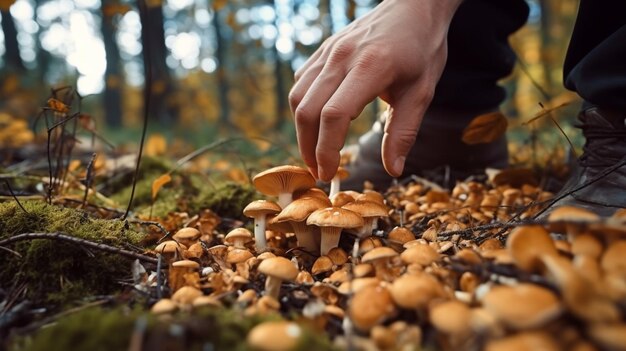 La cueillette à la main de champignons qui poussent dans la couverture du sol forestier IA générative