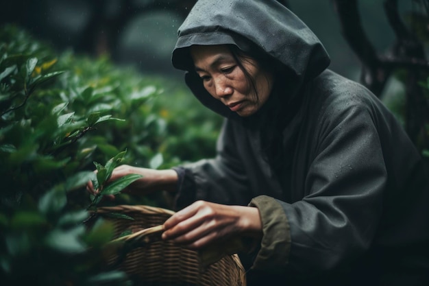 Un cueilleur de thé dans des feuilles de récolte traditionnelles