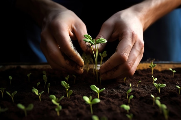 cueillir à la main des semis dans un plateau de semences
