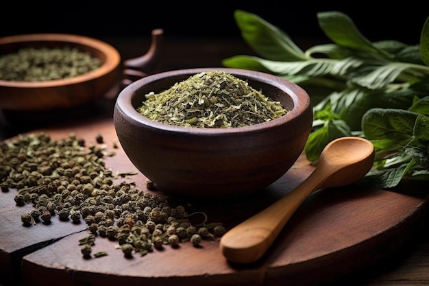 une cuillère en bois avec une cuillère en bois et une cuillère en bois avec du thé vert dedans.