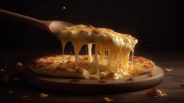 Une cuillère en bois enlève le fromage d'une pizza