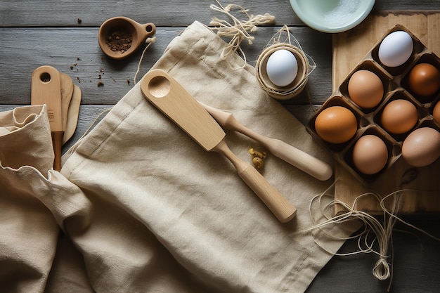 Une cuillère en bois et des œufs sur une table