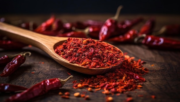 Une cuillère en bois pleine d'épices rouges du jardin d'épices