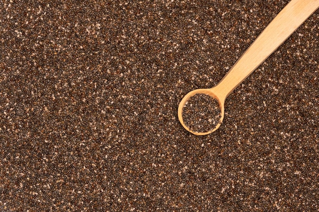 Cuillère en bois pleine de graines de chia naturelles biologiques libre