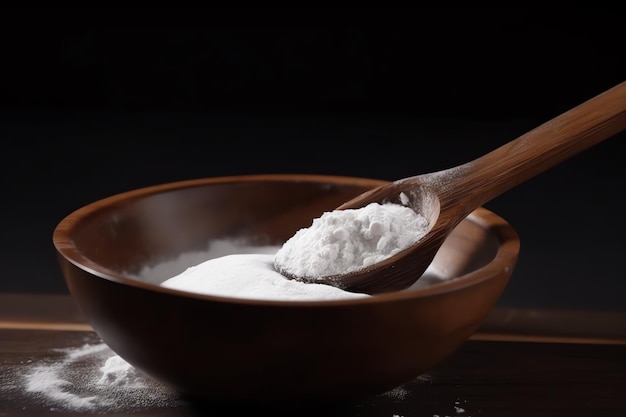 Une cuillère en bois avec de la poudre blanche dans un bol