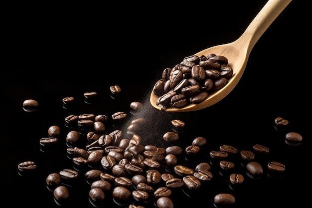 Une cuillère en bois ramasse les grains de café dans une cuillère en bois.