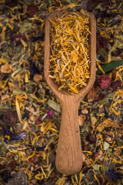 Cuillère en bois sur une tisane en vrac