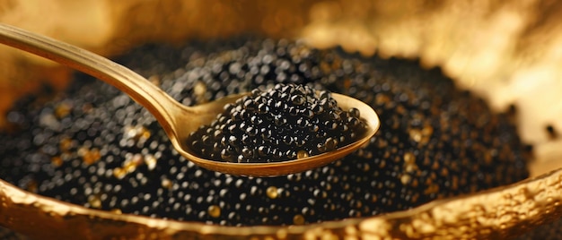 Une cuillère de caviar noir brillant sur une assiette dorée.