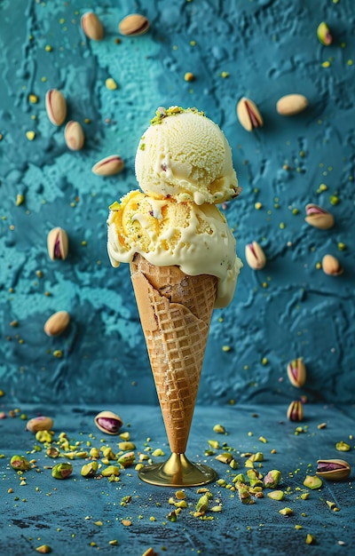 Une cuillère de crème glacée à la pistache entourée de pistaches fraîches sur une surface bleue texturée parfaite pour le rafraîchissement d'été