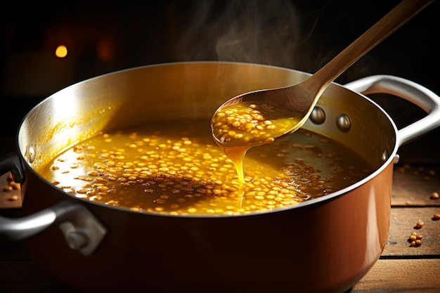 La cuillère cueille une portion de soupe de lentilles.