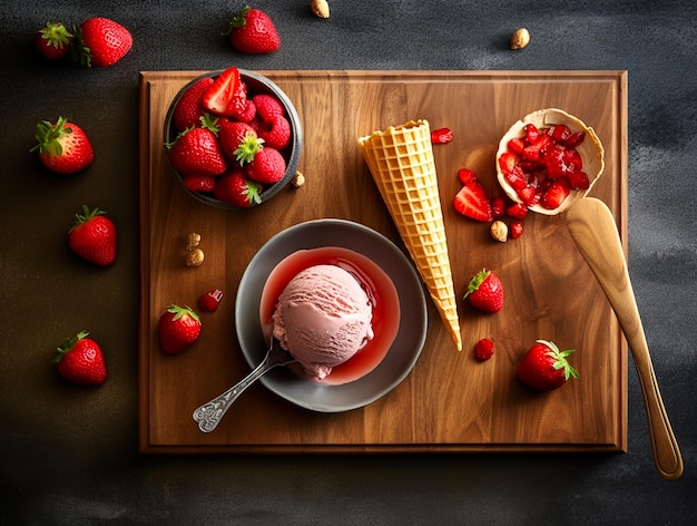 Cuillère à glace aux fraises avec fraises fraîches et cornets de crème glacée sur fond rustique