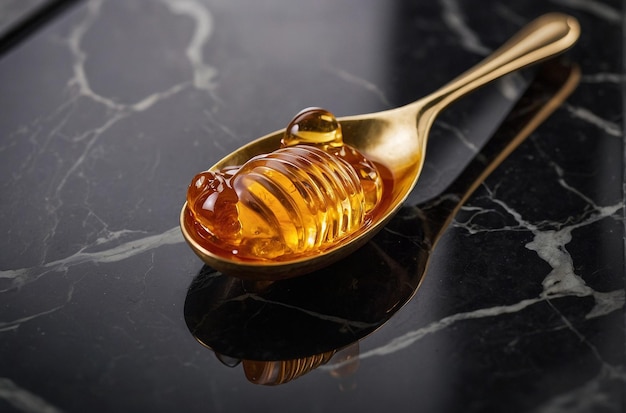 Une cuillère à miel reposant sur un coaster de marbre noir