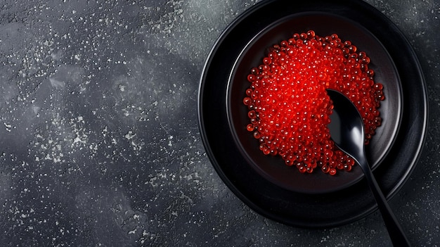 Cuillère noire pleine de caviar rouge sur plaque noire et table en béton de pierre de même couleur Ai Generative