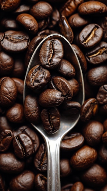 Une cuillère pleine de grains de café au-dessus d'une pile de graines de café Photo de nourriture en gros plan