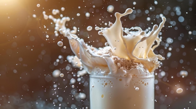 Une cuillère de poudre de protéines de lactosérum éclaboussée dans un mélangeur de lait