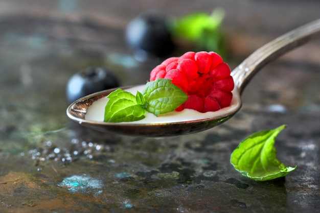 Cuillère remplie de crème et de framboise sur le dessus avec des feuilles de menthe fraîche floues et des bleuets sur dark