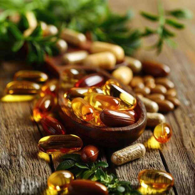 Photo une cuillère de vitamines et de suppléments est éparpillée sur une table en bois.