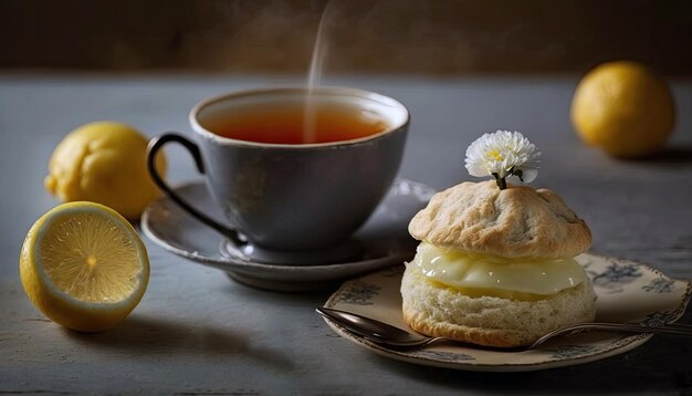 Une cuillerée de crème au citron sur un scone à côté d'une tasse de thé Earl Grey Generative AI