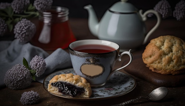 Une cuillerée de gelée de sureau sur un scone à côté d'une tasse de thé Earl Grey Generative AI