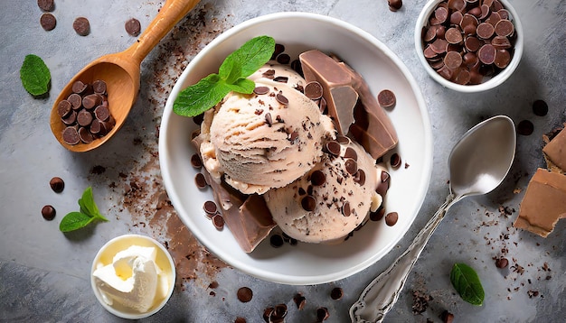 Des cuillères de crème glacée au chocolat avec des feuilles de menthe dans un bol