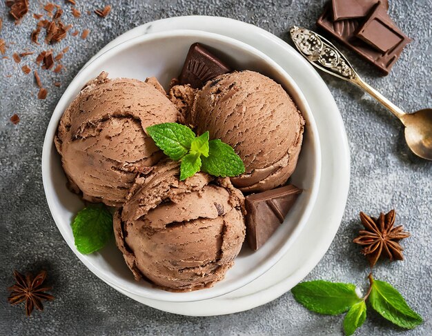 Des cuillères de crème glacée au chocolat avec des feuilles de menthe dans un bol